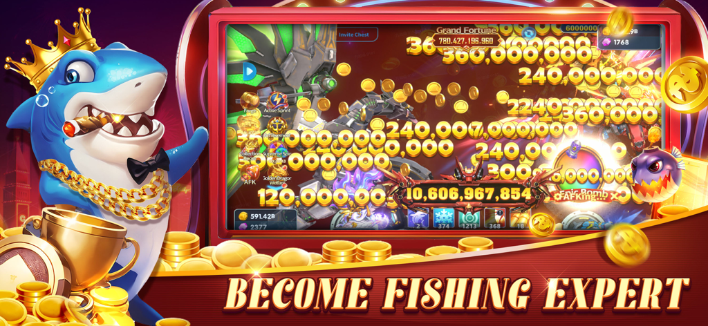 Fishing Frenzy: Sea World - Arcade fishing game screen showing high scores and gold coins with a shark character mascot