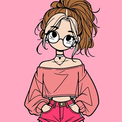 girl with a messy ponytail glasses a baggy crop top and jean shorts