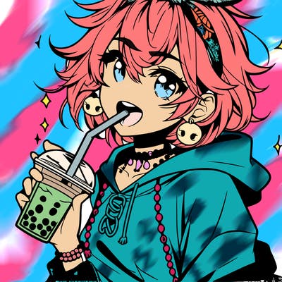 hot baddie anime girl drinking boba and biting the straw