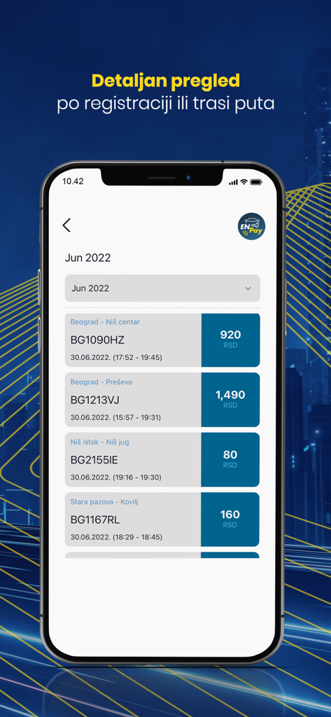 ENPay - ENPay Mobile App-Screenshot mit einer detaillierten Liste der serbischen Autobahnmauttransaktionen mit Kosten und Routen