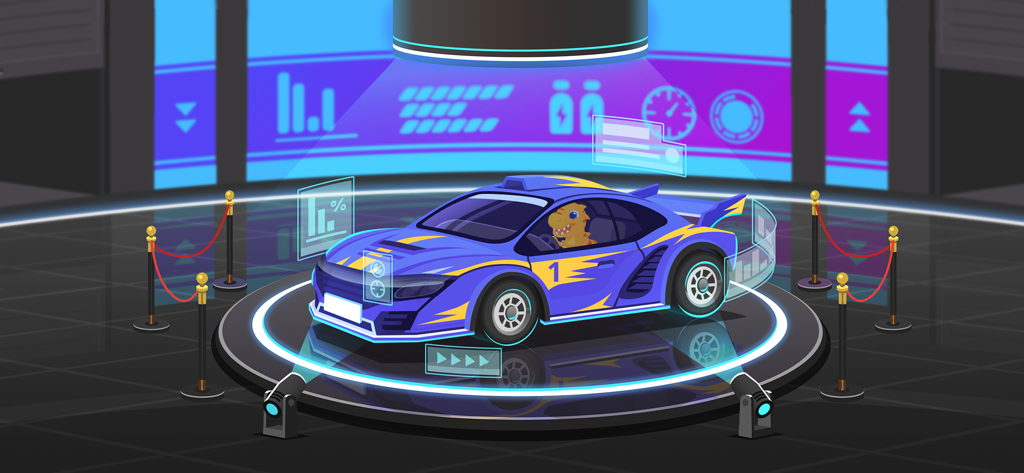 Un petit dinosaure jaune conduisant une voiture de course bleue dans une salle d'exposition de garage futuriste de l'application Dinosaur Coding 3.