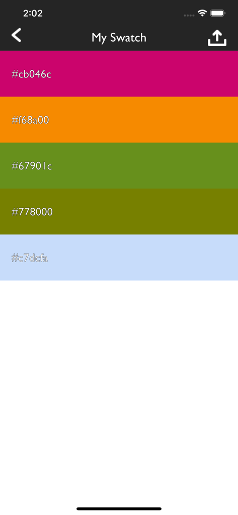iDrop 앱에서 해당 Hex 코드와 함께 저장된 색상 스트립 목록 표시
