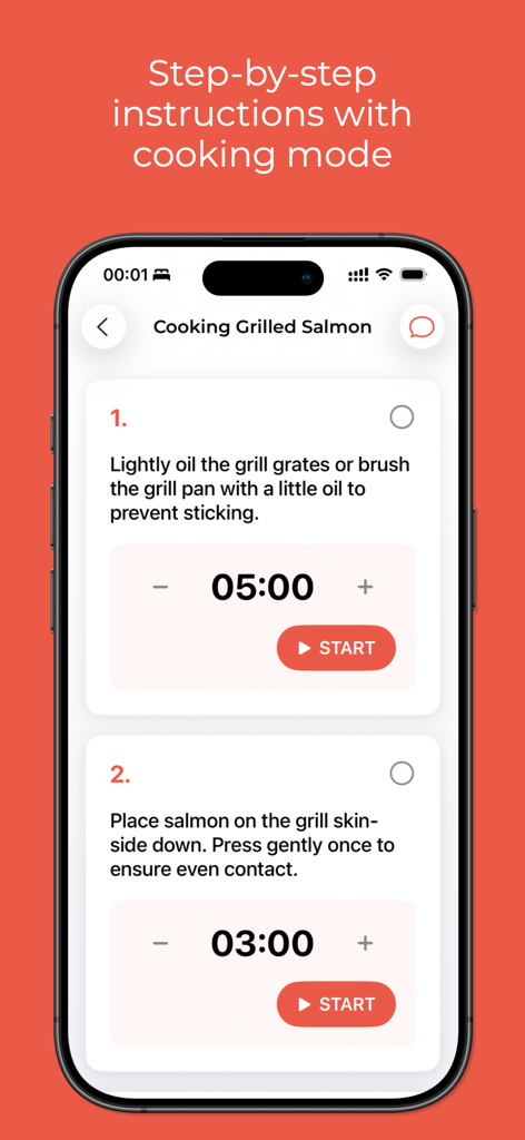 CookCraft: Cookbook + AI Magic - CookCraft app interface displaying step-by-step recipe instructions and built-in timers for cooking grilled salmon.