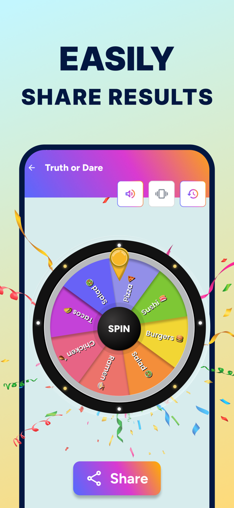Spin The Wheel - Happy Wheels - Uma interface colorida de roda de decisão de comida em um telefone celular com confetes e um botão de compartilhamento.