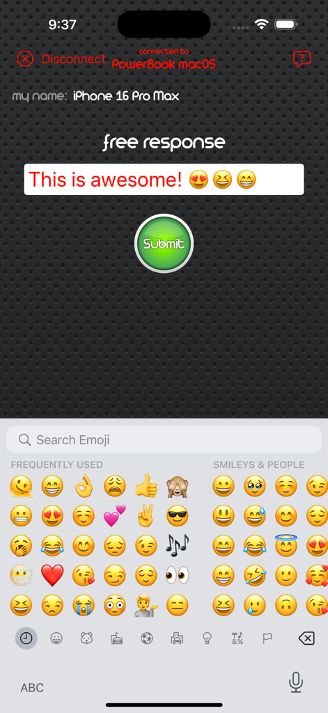 Buzzer - Interface of the Buzzer app showing the free response answer screen with a submit button and emoji keyboard