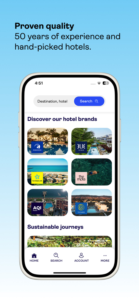 TUI amello - TUI amello app screen showing curated hotel brands and a destination search bar