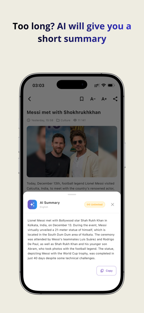 Zamin - Aplicativo de notícias Zamin mostrando um recurso de resumo gerado por IA para um artigo de notícias