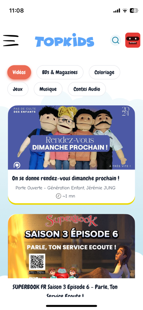 TopKids - Interface do aplicativo TopKids exibindo vídeos cristãos e episódios do Superbook para crianças.