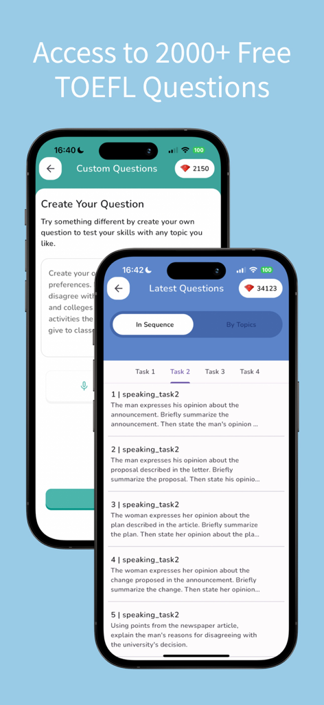 LingoLeap: AI TOEFL Prep - LingoLeap app interface displaying a list of TOEFL speaking task questions and a screen for creating custom questions.