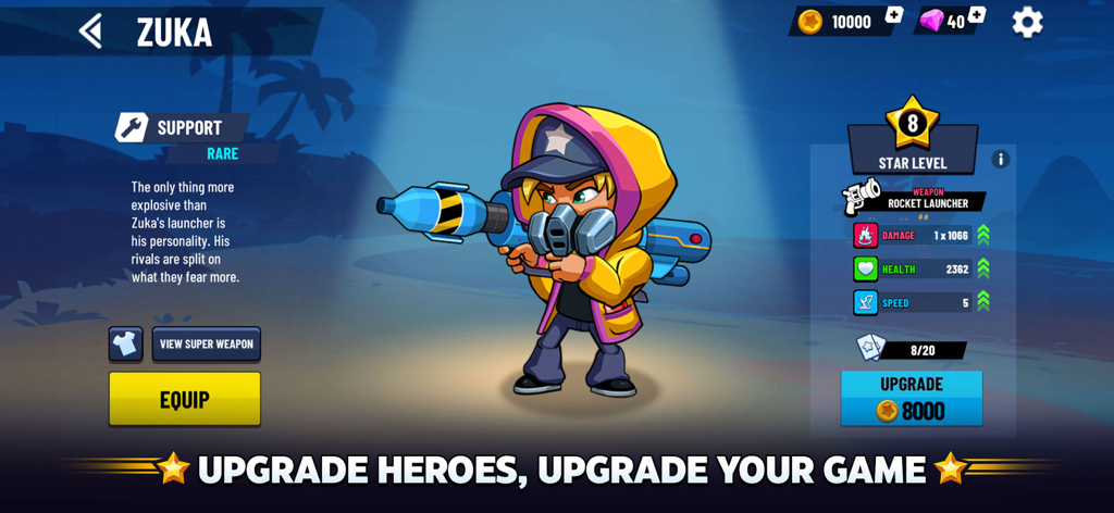 Battle Stars: 4v4 TDM & BR - Profil von Zuka, einem Unterstützungscharakter in Battle Stars, mit Raketenwerferstatistiken und Upgrade-Menü.