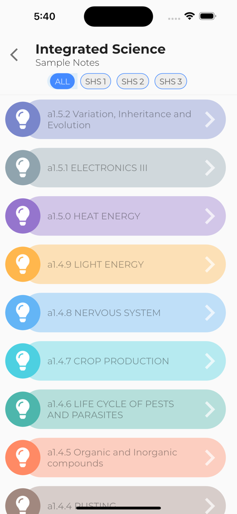 Syllabus GH - Pasco/Books/Quiz - Syllabus GH mobile app showing Integrated Science study notes and topics for SHS students.