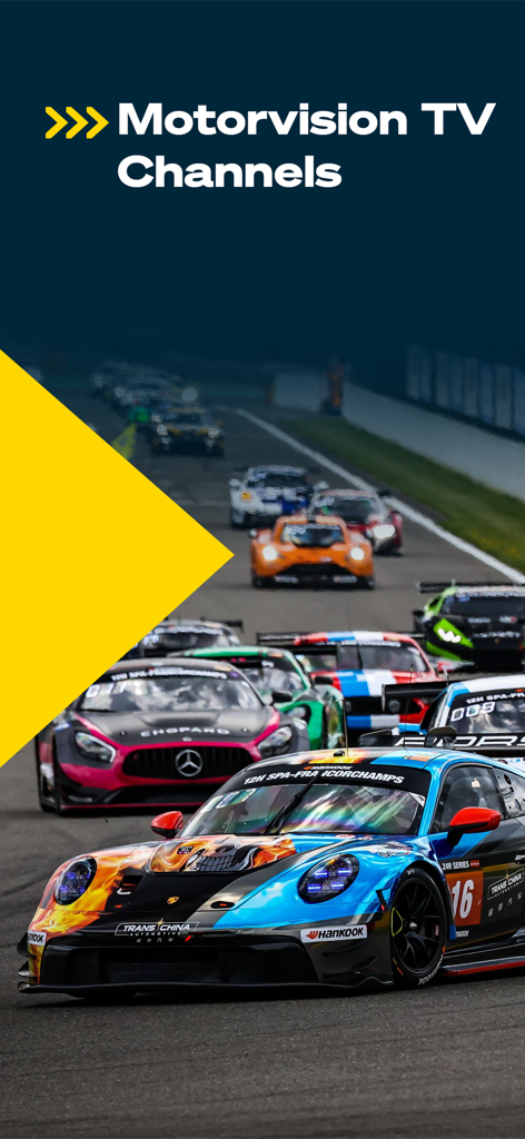 Motorvision | Live Streaming - A lineup of professional GT racing cars on a track promoting Motorvision TV channels