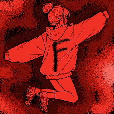 realistic girl jumping with a bun and oversized sweatshirt