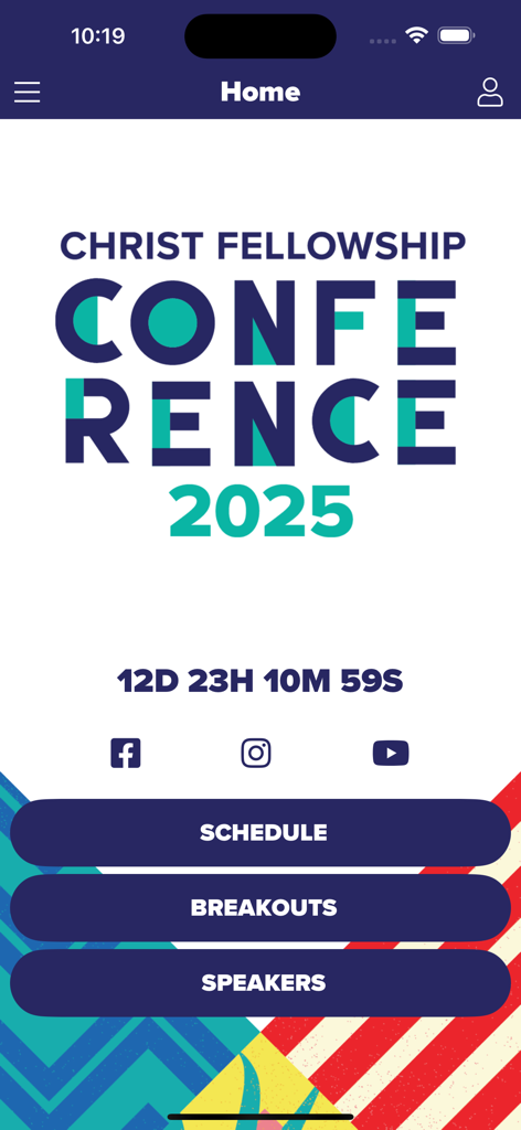 Christ Fellowship Conference - Home screen of the Christ Fellowship Conference app featuring the 2025 event logo, a countdown timer, and navigation buttons for schedule, breakouts, and speakers.