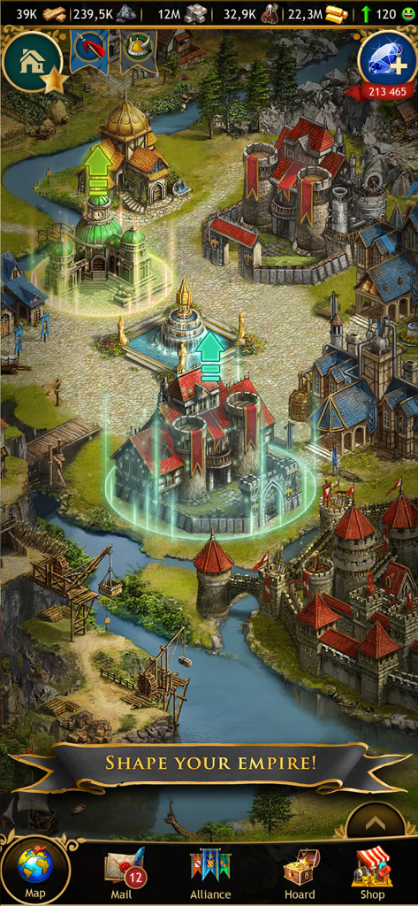 Visão geral da cidade medieval em Imperia Online mostrando atualizações de edifícios e interface de gerenciamento de recursos