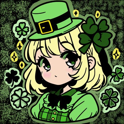 a manga-style girl with clovers around her, a little hat in her hair, like it's saint patrick's day