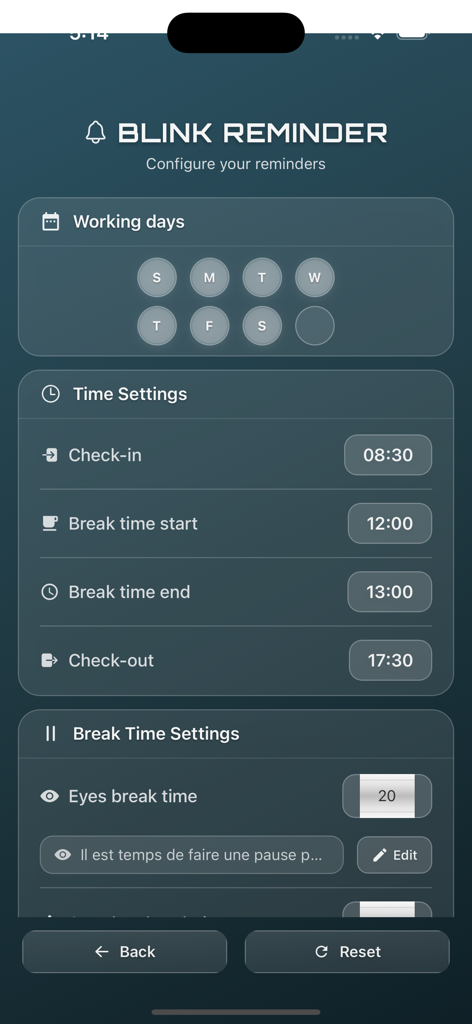 uSagI Eyes Protect - Pantalla de configuración del recordatorio de parpadeo que muestra el horario de trabajo y la configuración del tiempo de descanso para los ojos.