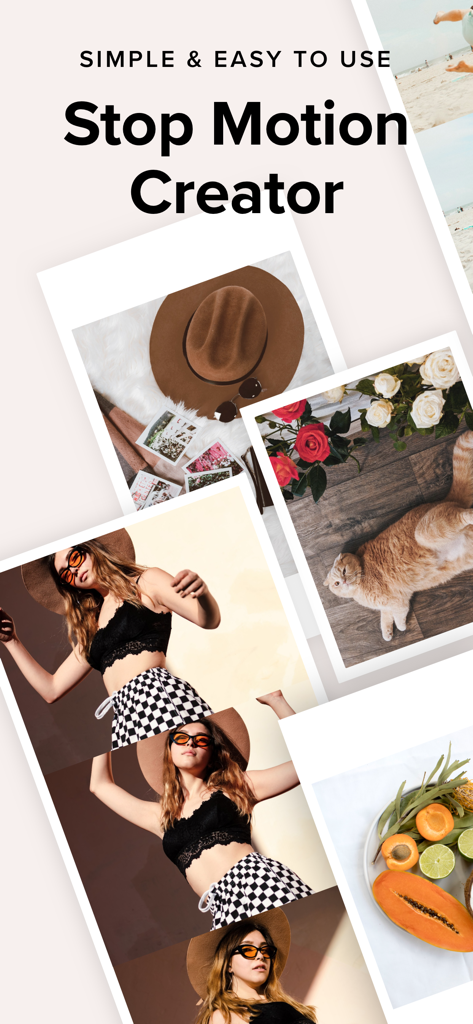 Screenshot of GIF Maker by Momento highlighting the stop motion creator feature with aesthetic lifestyle photos.