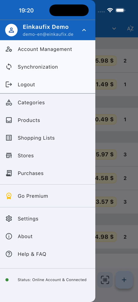Menú de navegación de la aplicación Einkaufix que muestra varias opciones de compra y gestión de cuentas