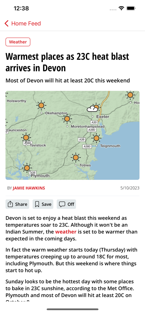 Plymouth Live - Un artículo de noticias sobre el tiempo en la aplicación Plymouth Live mostrando una previsión de ola de calor para Devon con un mapa de áreas soleadas.