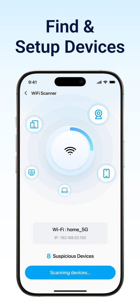 Security Camera: Home Monitor - Interfaz del escáner WiFi de la aplicación Cámara de Seguridad Monitor del Hogar mostrando dispositivos conectados