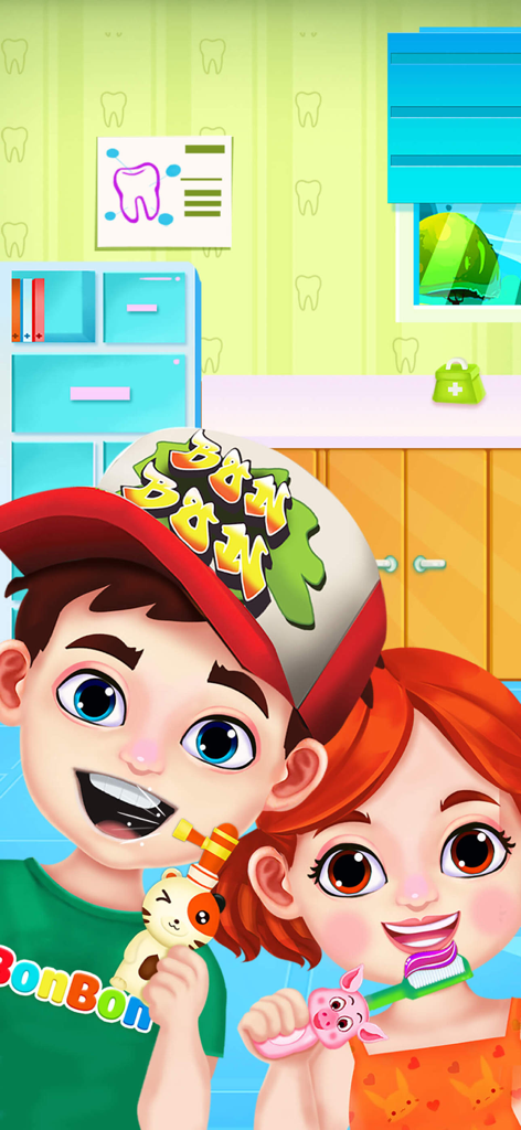 Cartoon boy and girl in a dental clinic brushing teeth and holding a toy dental tool.