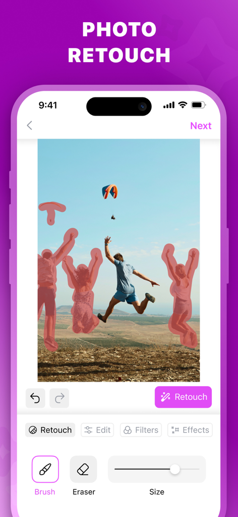 Photo Retouch - Erase Objects - 風景写真から人物を削除している写真加工アプリが表示されたスマートフォンの画面