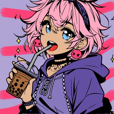 hot baddie anime girl drinking boba and biting the straw