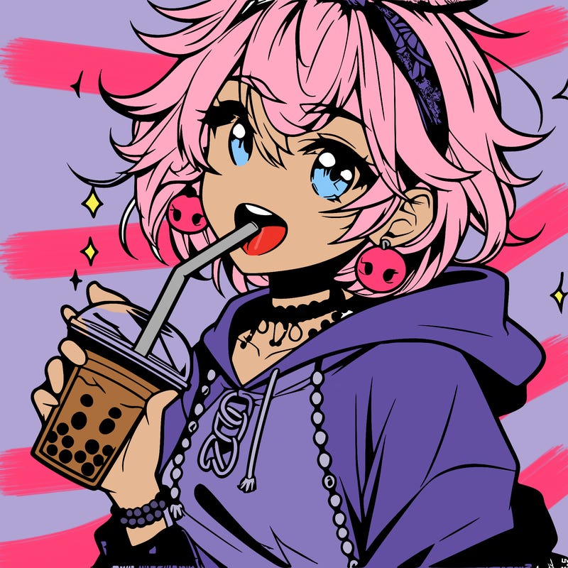 hot baddie anime girl drinking boba and biting the straw