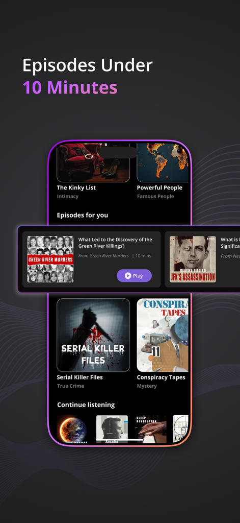 Interfaz de la aplicación móvil Skoob que muestra episodios de podcast de menos de 10 minutos con categorías como True Crime y Misterio
