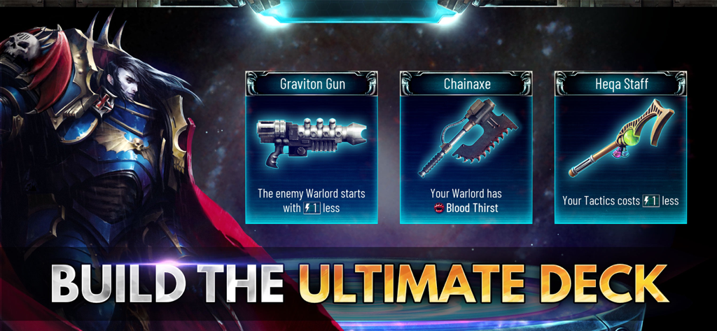 Interfaz de colección de cartas en Warhammer Horus Heresy Legions mostrando cartas como Fusil Gravitón, Hacha de Combate y Bastón de Heka para la construcción de mazos.