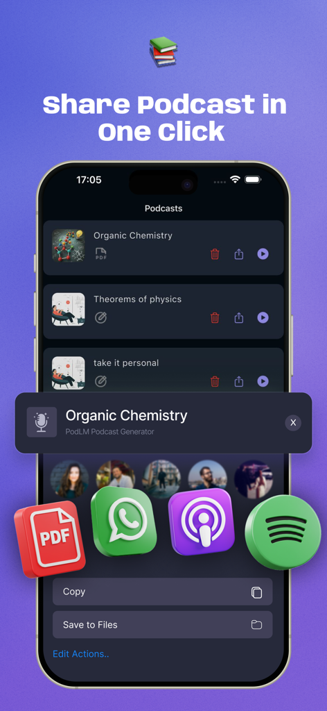 AI Podcast Maker - PODLM - Una pantalla de aplicación móvil que muestra la interfaz de compartir de PODLM con iconos para Spotify, WhatsApp y Apple Podcasts para exportar contenido de audio generado