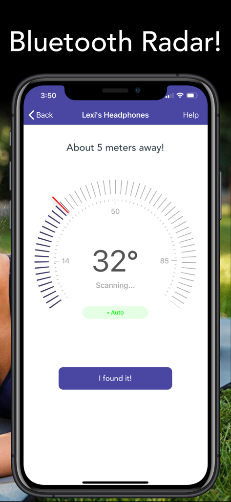 Find One Earbud - Find One Earbud app interface showing a Bluetooth radar signal meter used to locate lost headphones
