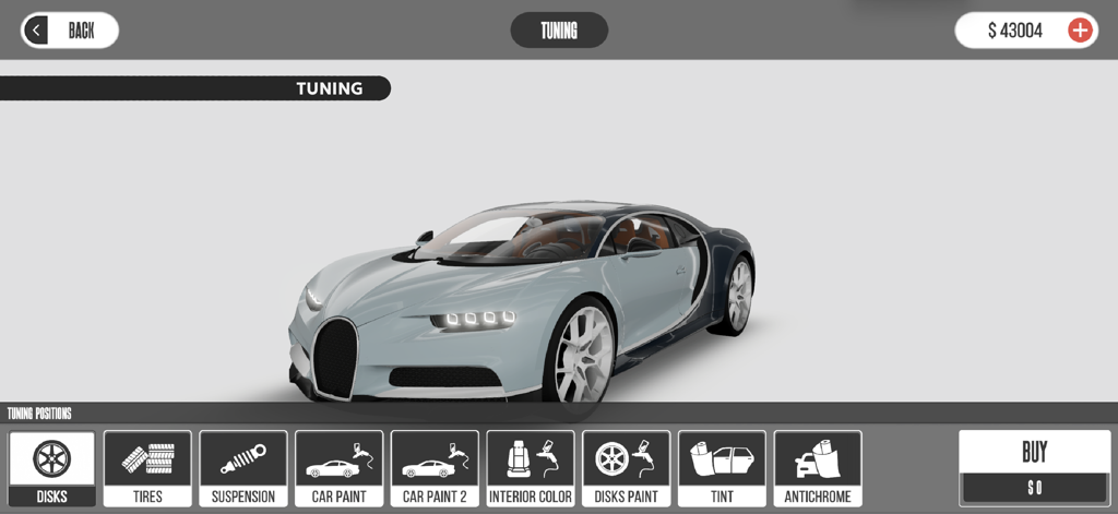 A luxury sports car in the car tuning and customization menu of Dream Road Online.