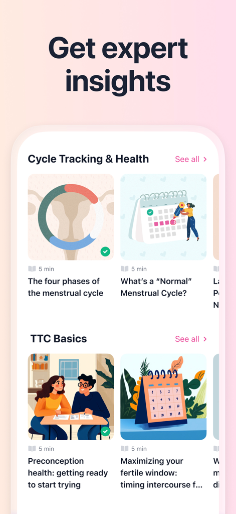 Articles éducatifs sur le suivi du cycle et les bases de la conception dans l'application Pregmate.