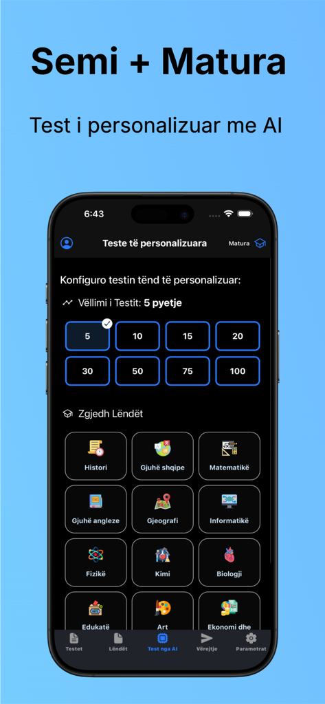 Semi + Matura Kosovë - Semi + Matura app screen for configuring personalized AI tests with question count and subject selection