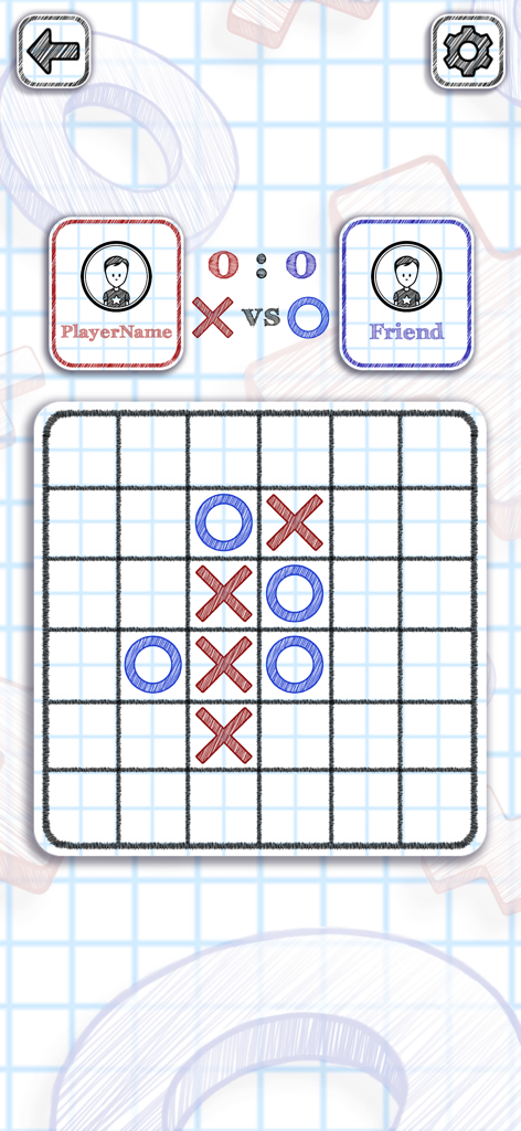 Partida de Tic Tac Toe dibujada a mano entre dos jugadores sobre un fondo de papel milimetrado