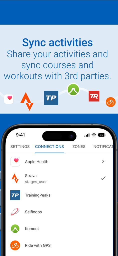 Stages Cycling - Pantalla de smartphone que muestra la página de conexiones de la aplicación Stages Cycling para sincronizar datos con Strava y Apple Health