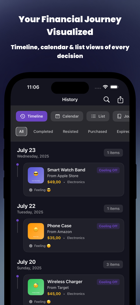 SpendShield - Impulse buying - Tela do aplicativo SpendShield mostrando uma linha do tempo de compras impulsivas rastreadas e períodos de reflexão.
