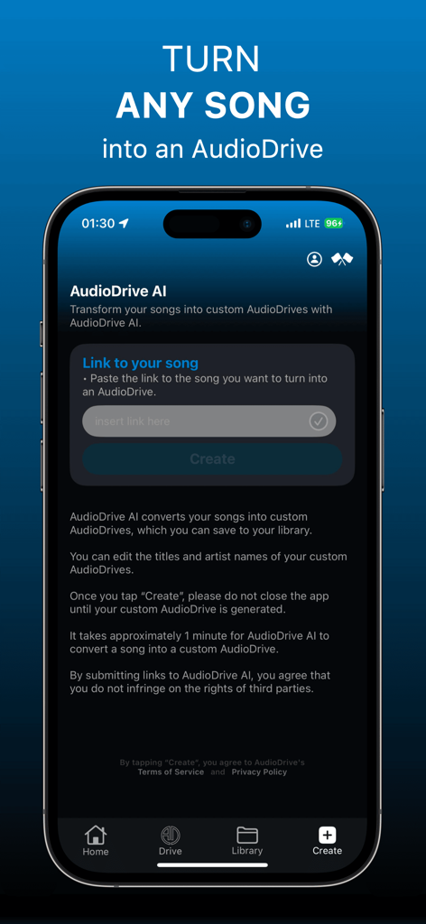 Interface de IA do AudioDrive para transformar músicas em música interativa para dirigir, colando um link