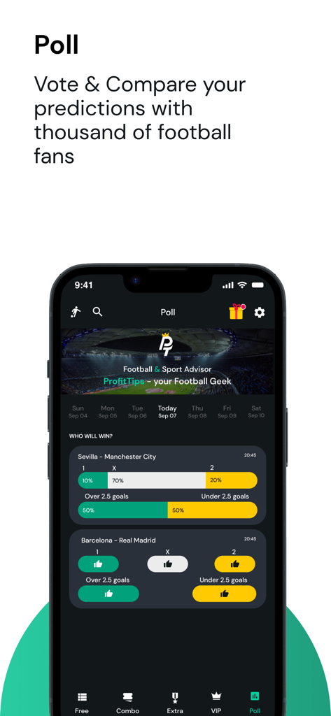 ProfitTips - Football Tips - Interfaz de la aplicación ProfitTips que muestra encuestas de partidos de fútbol y estadísticas de predicción de usuarios