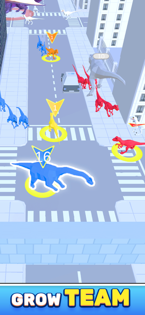 Dino Crowd - A group of colorful dinosaurs roaming a city street in Dino Crowd