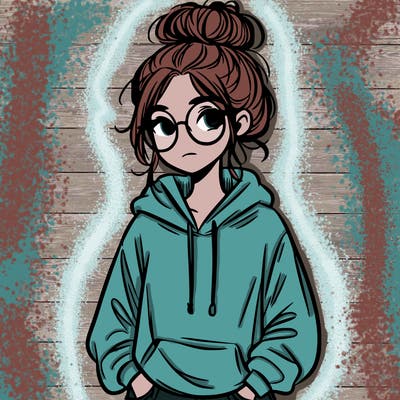 teen girl with a messy bun and glasses wearing a loose hoodie and jeans