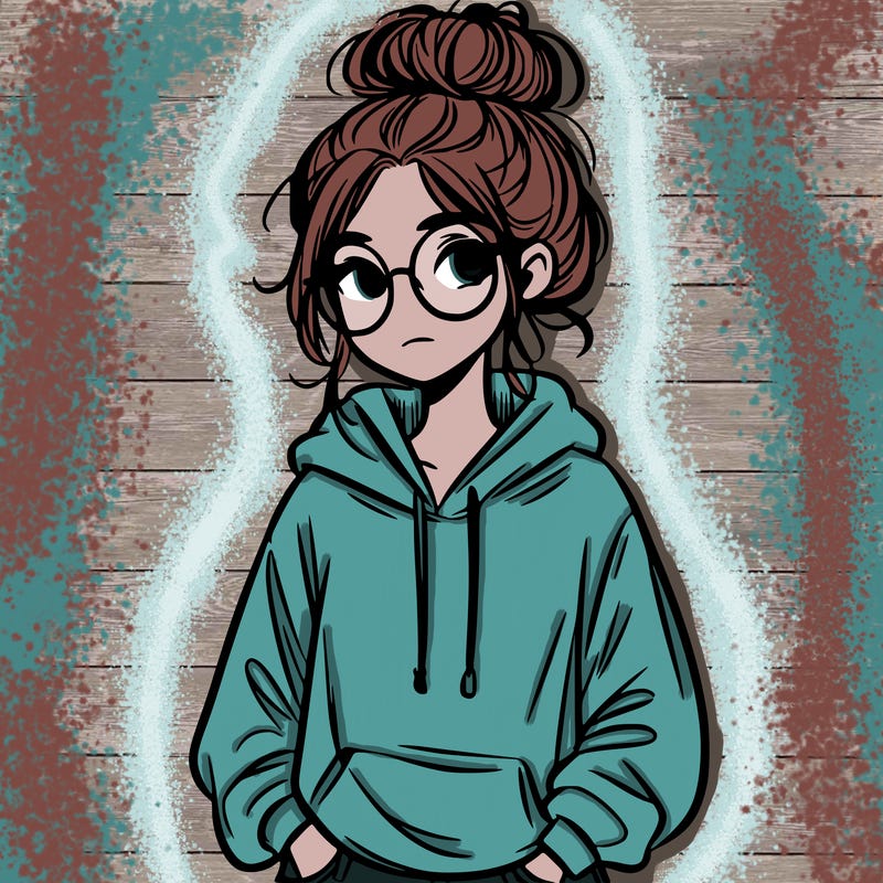 teen girl with a messy bun and glasses wearing a loose hoodie and jeans
