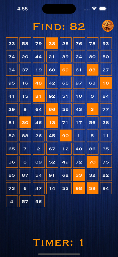 Up to 99 - Screenshot of Up to 99 mobile game showing a grid of numbers with a timer for a reaction speed challenge