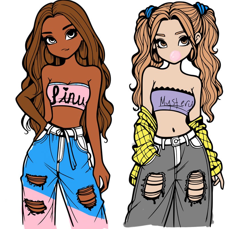 2 girls in crop tops and baggy jeans ripped