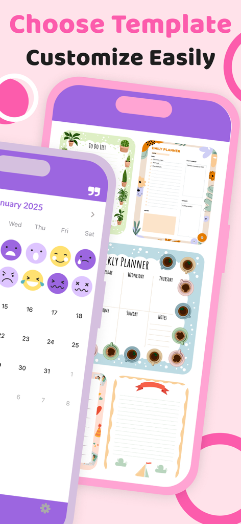 Digital Journal Diary - Interfaz de la aplicación de diario digital con plantillas de planificador personalizables y un calendario de seguimiento del estado de ánimo con emojis.