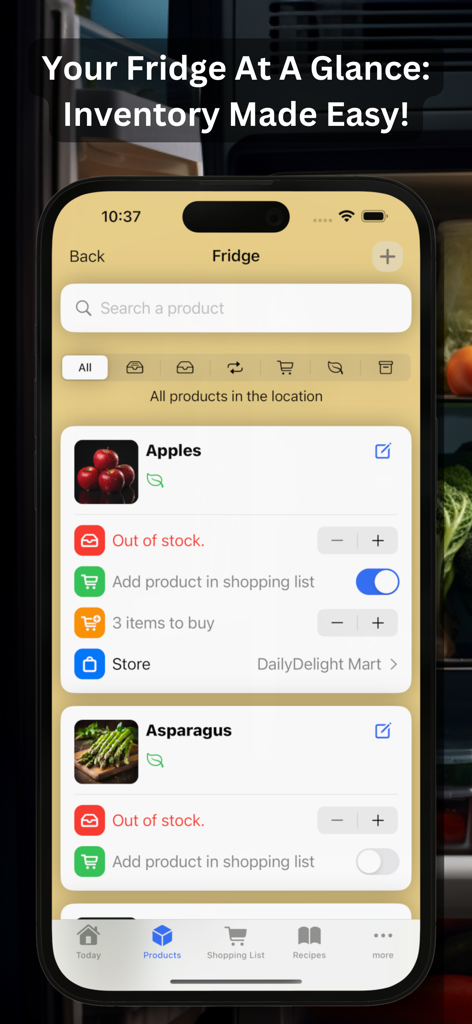 Meal Planner - Grocery List - Screenshot of the Meal Planner app fridge inventory screen showing out of stock items like apples and asparagus with options to add to a shopping list.