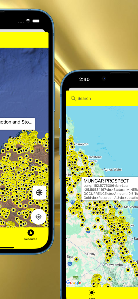 Gold Maps Australia app interface showing a map with numerous gold prospecting placemarks and site details