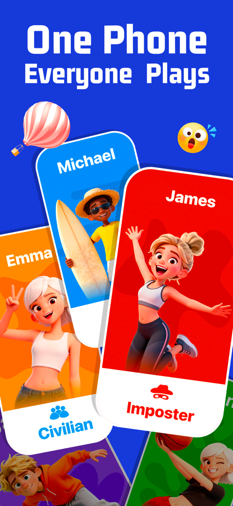 Imposter Spy Game - WhoIsSpy - Pantalla de la aplicación móvil WhoIsSpy con tarjetas de personajes para los roles de Impostor y Civil